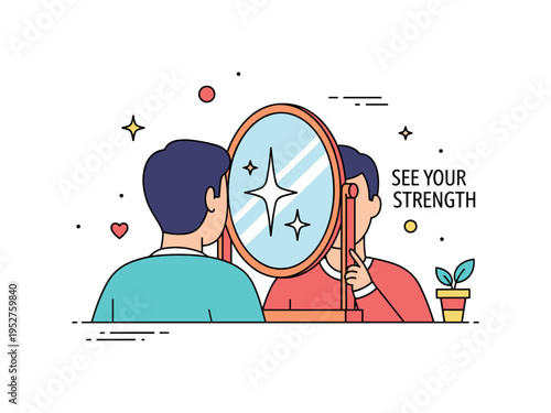 Positive self image scene featuring a person looking into a mirror and seeing a bright star reflection, expressing empowerment and healthy self perception. A