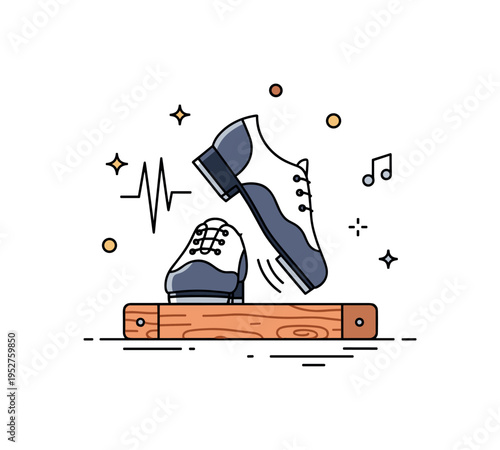 Dance studio rhythm class illustrated by tap shoes placed on a small wooden floor panel with subtle sound wave accents to suggest audible beats and coordinated