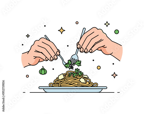 Person garnishing a pasta dish with fresh herbs and cheese, using precise plating techniques, illustrating finesse, home dining elegance, and attention to