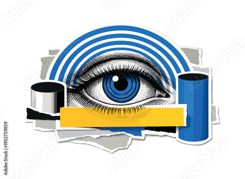 Detailed black and white classic etched eye illustration with intricate shading and ornamental linework, bright blue concentric arcs radiating from the pupil