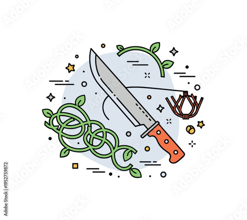 Adventure exploration danger concept centered on a machete and tangled vines near a triggered snare line, expressing the challenges of navigating tropical