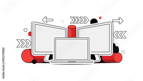 A monochrome image of a laptop centered with two tall monitors forming a triptych composition, surrounded by red cylindrical accents and abstract arrow icons