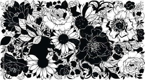 The image is a black-and-white floral design, which is truly captivating, looking like it's a close-up view of various flowers and leaves.