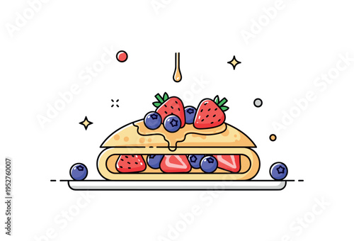 Crepes with fresh berry toppings centered on a neatly folded crepe topped with strawberries and blueberries, with a small drizzle line of syrup