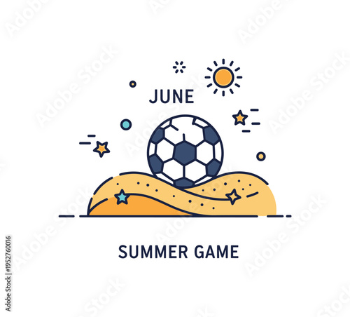 Beach sports in June beach soccer badge featuring a simple ball icon resting on sand curves with small star accents and a sun above, expressing friendly