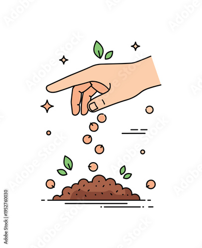 Hand sowing vegetable seeds showing small round seeds falling into a compact soil patch with subtle leaf accents above, symbolizing organic growth and future