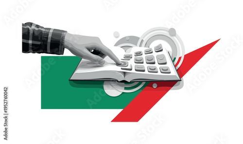 Black and white student hand touching a textbook page that morphs into interactive buttons, large emerald green rectangular block anchoring the composition,