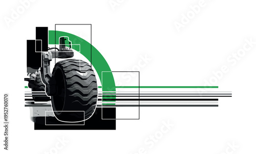 Monochrome close-up of a robotic hand reaching forward, intersected by a bold green arc and thin horizontal stripes suggesting technological evolution,