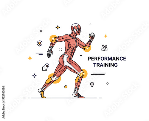 Muscle structure sports performance badge featuring a running silhouette with highlighted leg and arm muscle zones, expressing athletic efficiency and training