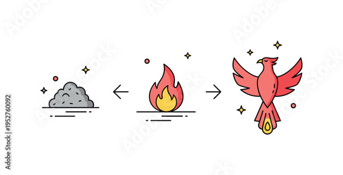 Phoenix transformation cycle small sequence showing ash pile, rising flame, and full phoenix aligned in balanced progression. A modern concept illustration