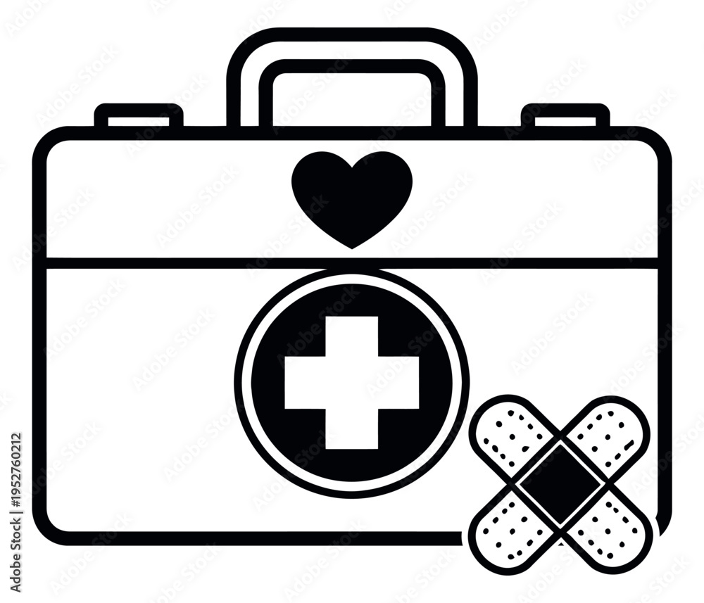 Fototapeta premium Line art illustration of a first aid kit depicting medical supplies and emergency care for health and safety concepts