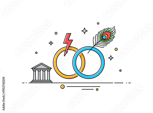 Zeus and Hera mythological marriage represented by interlocked rings shaped like a thunderbolt and peacock feather, symbolizing union of strength and majesty.