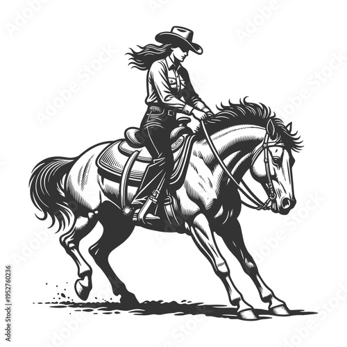 cowgirl riding a horse in motion, capturing western lifestyle, rodeo spirit, and dynamic equestrian action sketch engraving generative ai vector illustration. Scratch board imitation. Black and white.