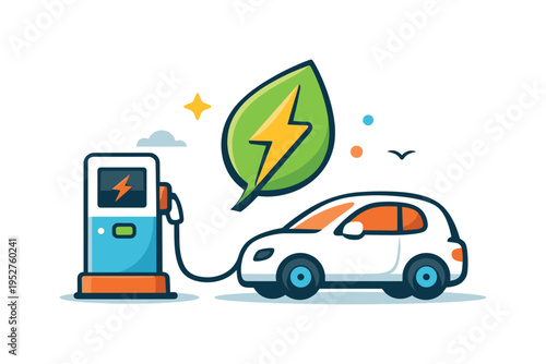 Electric vehicle charging infrastructure shown as a compact charging station connected to a minimal electric car and a leaf shaped energy symbol. The scene