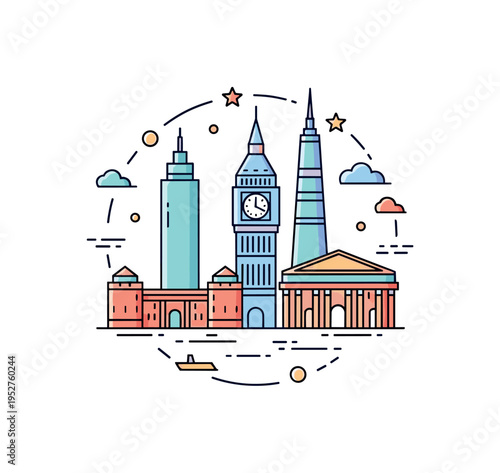 Famous landmark collection concept showing three stylized monument silhouettes grouped harmoniously in a circular layout, symbolizing global exploration and