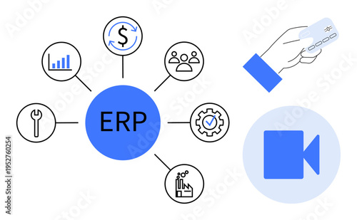 Business solutions, workflow automation, resource planning, finance management, digital tools, organizational productivity. Diagram features ERP elements thumbs up analytics, people, tools