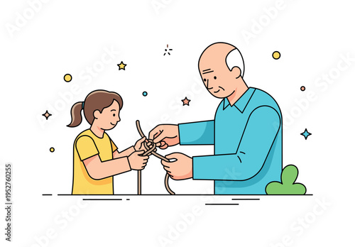 Outdoor skills learning moment featuring an older figure guiding a child?s hands while tying a simple knot with rope. The scene reflects mentorship, practical