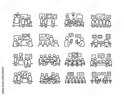 Art Exhibition Coworking. Line icon set of Art Exhibition Coworking: art opening event, people viewing art, coworking event space, exhibition crowd, gallery