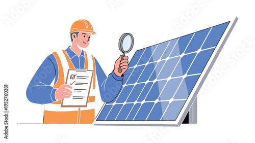 Solar Panel Inspection: A dedicated technician meticulously examines a solar panel, holding a magnifying glass for close inspection while reviewing a checklist.
