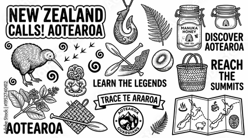 New Zealand Aotearoa Icons: Kiwi, Map, Fern, Maori Culture