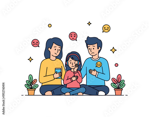 Sitting together with a loved one, listening attentively while they share worries, reflecting patience, empathy, and emotional support. Minimalist flat vector