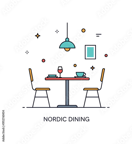 Scandinavian style compact dining nook concept with a round table, two slim chairs, and a small pendant light above, symbolizing intimacy and practical beauty