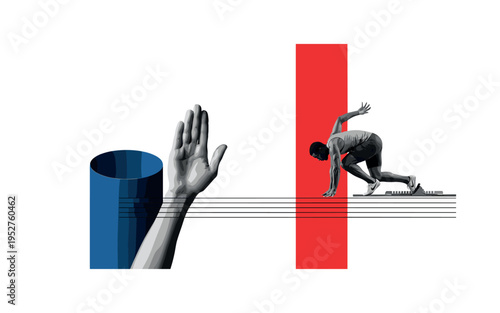 Black and white trainer?s raised hand signaling start while athlete crouches in sprint position, bold red vertical stripe intensifying tension, thin horizontal