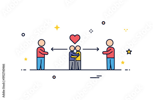 Distance closed by love symbolic path line connecting two small figures that meet in the center for a hug beneath a tiny heart icon, expressing endurance and