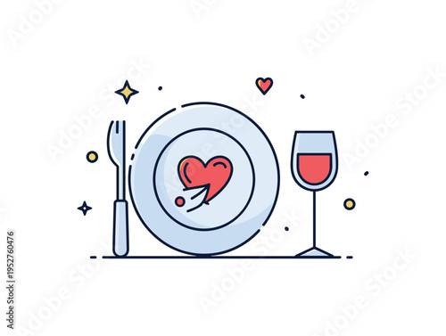 Romantic dinner cooking idea centered on a neatly arranged plate with subtle heart shaped garnish and a small wine glass silhouette, expressing intimacy and