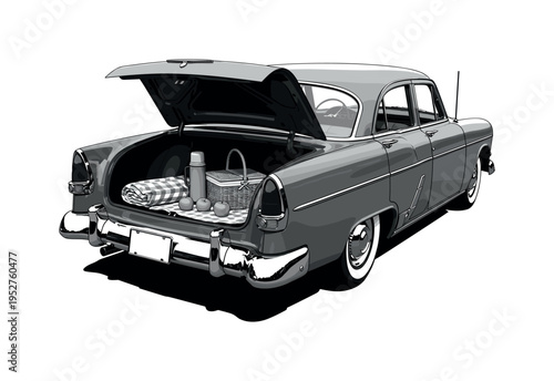 Black and white rear view of a parked car with open trunk and picnic elements, abstract cylindrical trees and layered rectangular fields in emerald green and