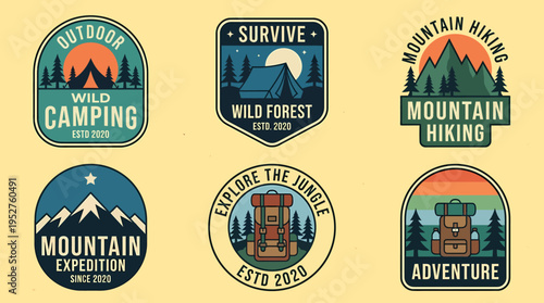 Outdoor Adventure Badges: Camping, Hiking, Expedition, Travel