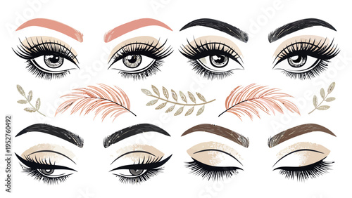 Vector makeup beauty essentials collection with various eye makeup styles and eyebrow shapes on white background