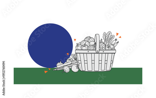 Black and white farmer?s market basket filled with loose produce, oversized cobalt blue circle partially cropped at edge, forest green horizontal plane