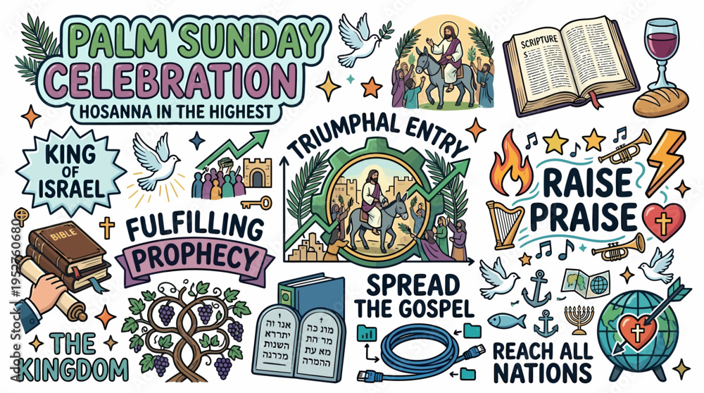 Fototapeta premium Palm Sunday Celebration, Triumphal Entry, Hosanna, Gospel Illustration