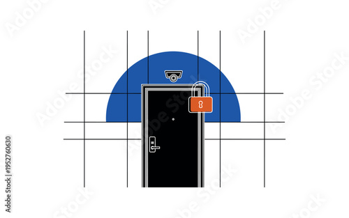 Black and white door with smart lock and camera above, oversized cobalt blue semicircle framing entry point, thin black structural lines forming architectural