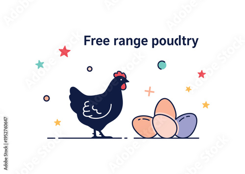 Free range poultry concept illustrated through a small chicken silhouette standing beside a cluster of eggs, symbolizing ethical farming and natural living