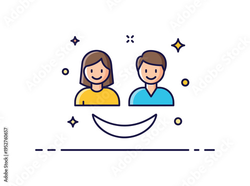 Smiling at a passerby building community spirit visualized by two minimal figures connected by a curved line forming a subtle smile shape beneath them,