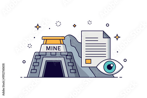 Transparent governance in extractive industries illustrated by a simplified mine entrance paired with a document icon and open eye symbol, reflecting