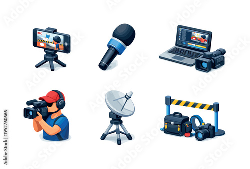Breaking News. Isometric flat vector icons set of Breaking News: smartphone used for live news streaming, portable microphone with foam windscreen, field