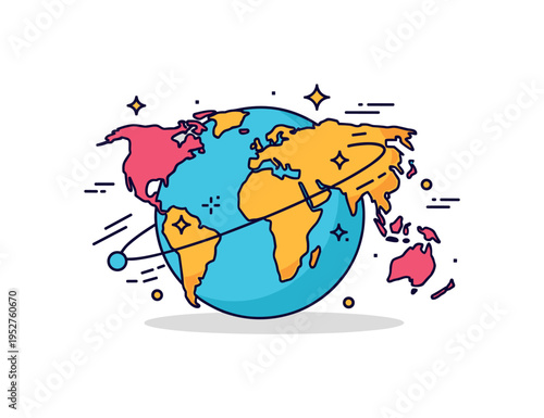 World map globe icon featuring bold continent silhouettes wrapped by a thin orbit line. Small sparkle details and gentle motion curves express global movement