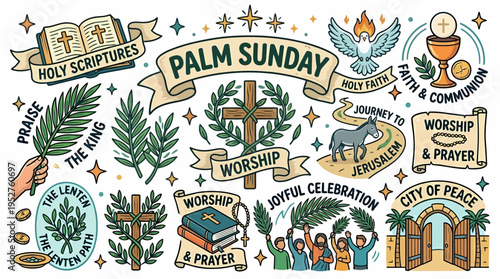 Palm Sunday Religious Celebration Vector Icons Set