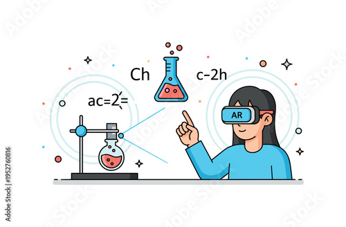 Virtual science experiment in AR shown by a student wearing smart glasses while interacting with a hovering beaker and formula symbols, expressing safe and