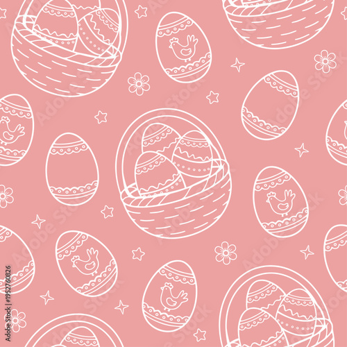 Seamless background for Easter. Contour drawing of Easter eggs in a basket, eggs and flowers. Vector illustration. Linear drawing of Easter eggs. Endless background