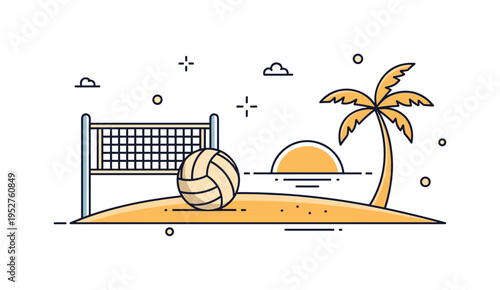 Coastal sunset game mood featuring a volleyball resting on sand beside a simple net and palm outline with a low sun in the background, symbolizing pause