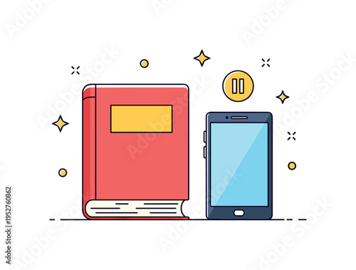 Bedside book digital detox concept featuring a physical book placed next to a smartphone turned face down with a small pause icon above it. A balanced visual
