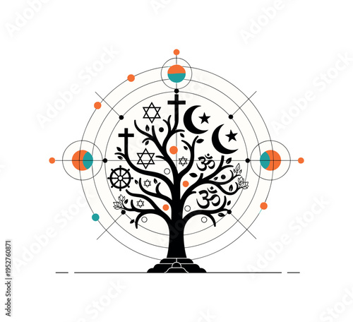 Black and white tree growing from a briefcase, vibrant cobalt blue circle framing the upper growth, red geometric blocks grounding the base, thin linear