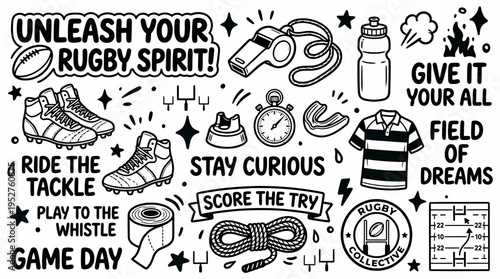 Rugby Doodle Art: Sports Gear, Motivational Quotes, Game Day