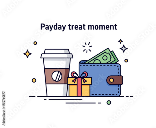 Payday treat moment coffee cup and small gift box placed beside a wallet, expressing simple joys and personal rewards after receiving salary. Minimalist flat