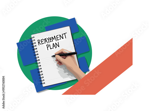 Black and white notebook with handwritten repayment plan, bold emerald green circular backdrop behind the notebook, cobalt blue abstract rectangles layered