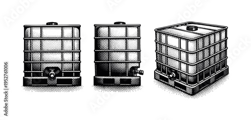 IBC industrial container tank shown in three views: front view, side profile, and angled perspective emphasizing the cube-shaped tank within a metal cage and